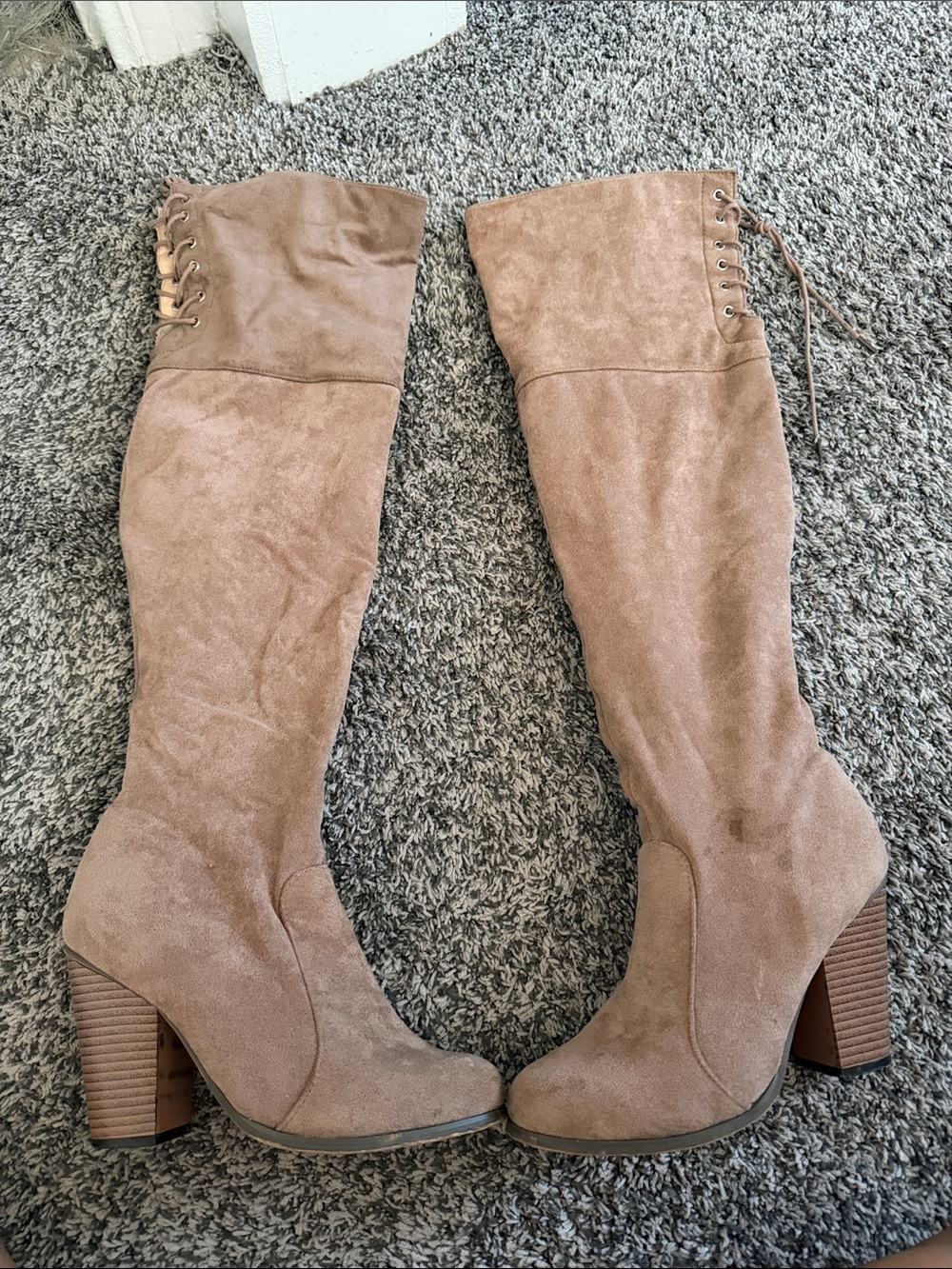 Over-the-Knee Block Heel Boots in Taupe Suede Boutique Boots